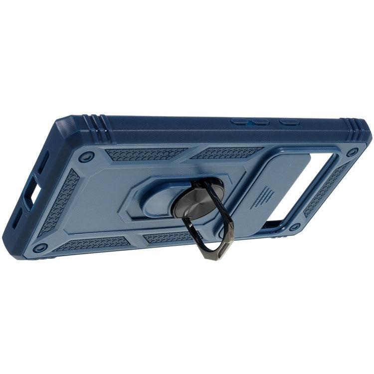 For Google Pixel 6 Pro 5G Ring Kickstand Back Cover Sliding Camera Lens Protector PC+TPU Anti-scratch Phone Case with Inner Card Holder Function - Blue