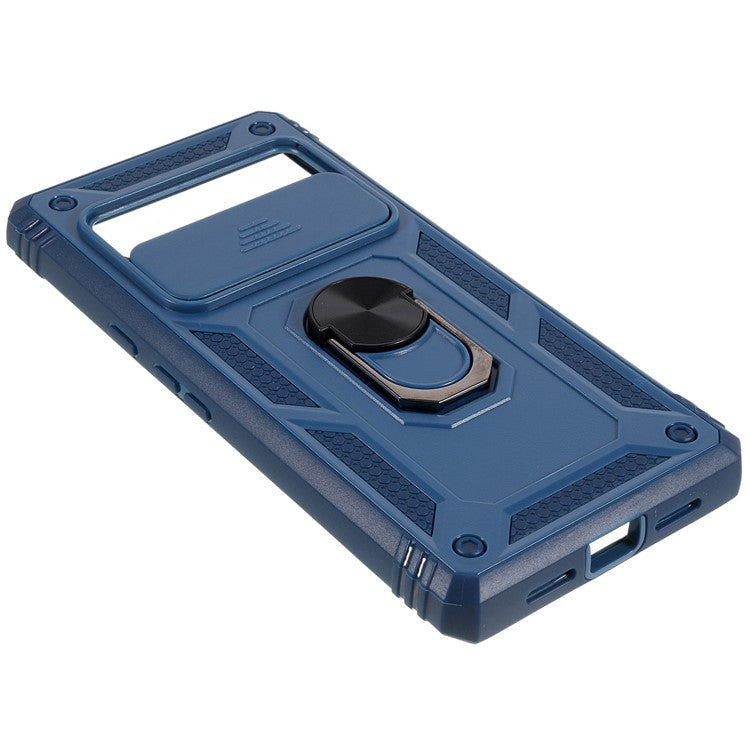 For Google Pixel 6 Pro 5G Ring Kickstand Back Cover Sliding Camera Lens Protector PC+TPU Anti-scratch Phone Case with Inner Card Holder Function - Blue