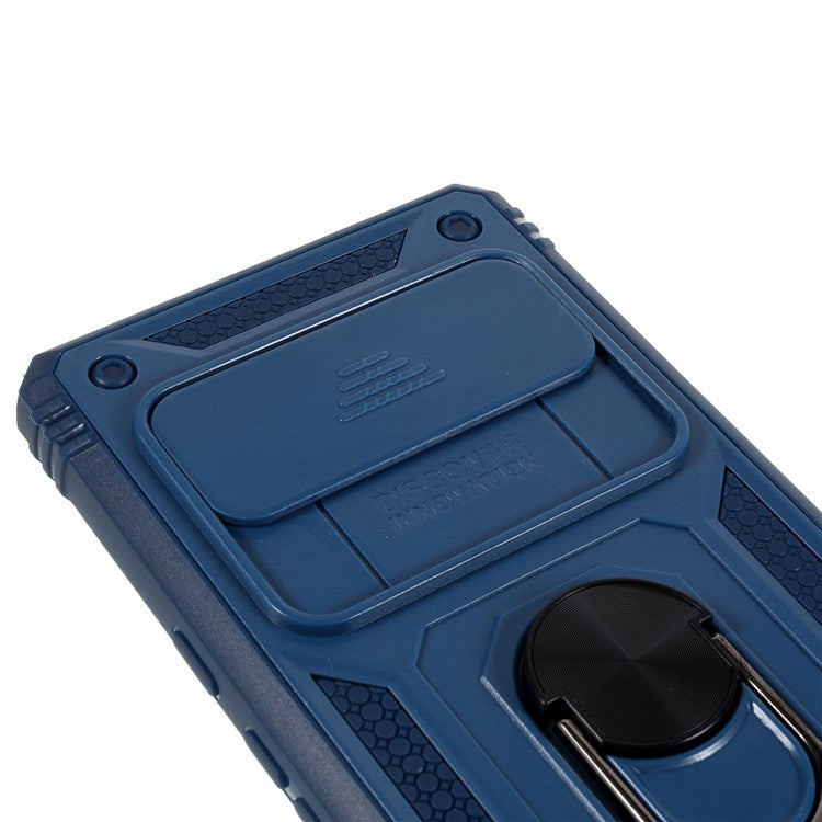 For Google Pixel 6 Pro 5G Ring Kickstand Back Cover Sliding Camera Lens Protector PC+TPU Anti-scratch Phone Case with Inner Card Holder Function - Blue