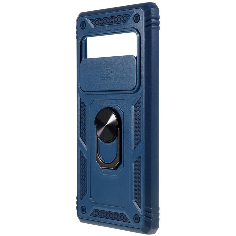 For Google Pixel 6 Pro 5G Ring Kickstand Back Cover Sliding Camera Lens Protector PC+TPU Anti-scratch Phone Case with Inner Card Holder Function - Blue