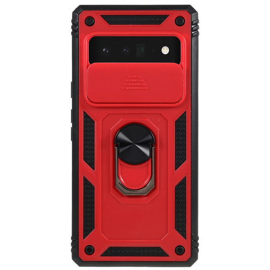 For Google Pixel 6 Pro 5G Ring Kickstand Back Cover Sliding Camera Lens Protector PC+TPU Anti-scratch Phone Case with Inner Card Holder Function - Red / Black