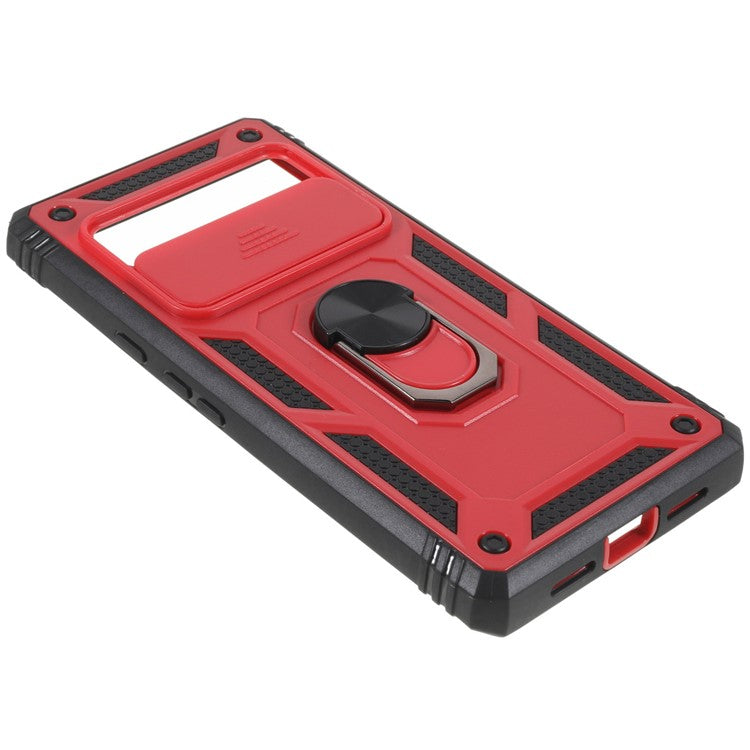 For Google Pixel 6 Pro 5G Ring Kickstand Back Cover Sliding Camera Lens Protector PC+TPU Anti-scratch Phone Case with Inner Card Holder Function - Red / Black