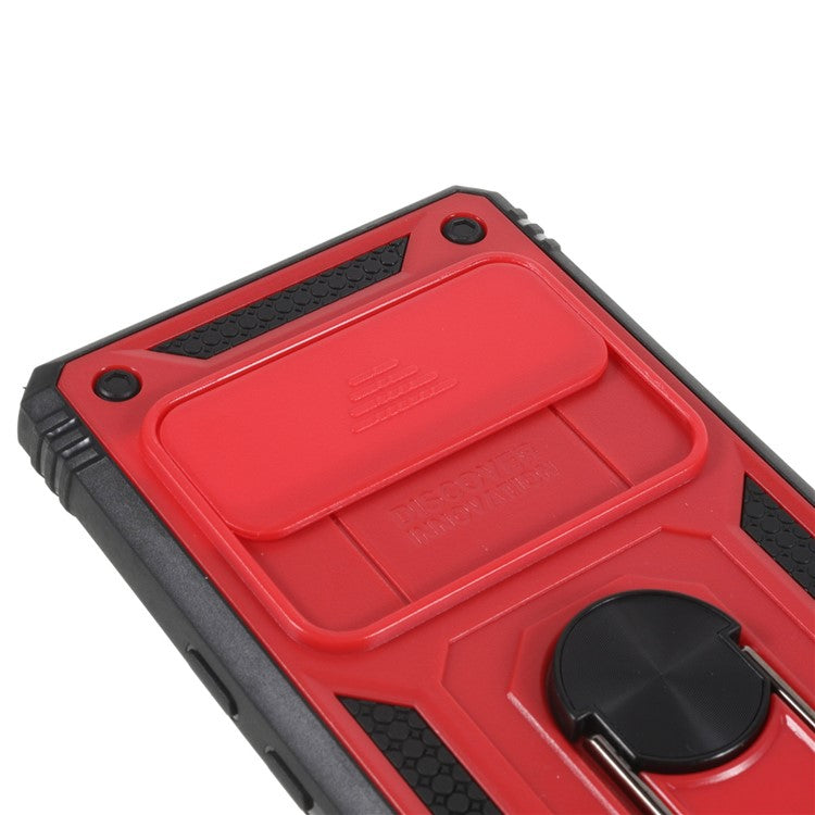 For Google Pixel 6 Pro 5G Ring Kickstand Back Cover Sliding Camera Lens Protector PC+TPU Anti-scratch Phone Case with Inner Card Holder Function - Red / Black