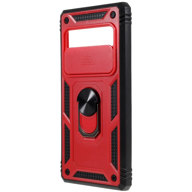 For Google Pixel 6 Pro 5G Ring Kickstand Back Cover Sliding Camera Lens Protector PC+TPU Anti-scratch Phone Case with Inner Card Holder Function - Red / Black