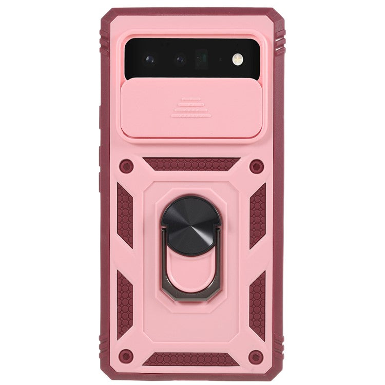 For Google Pixel 6 Pro 5G Ring Kickstand Back Cover Sliding Camera Lens Protector PC+TPU Anti-scratch Phone Case with Inner Card Holder Function - Pink / Dark Red
