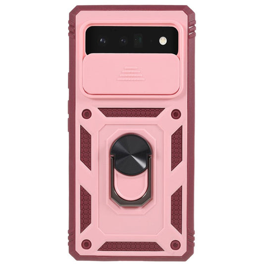 For Google Pixel 6 Pro 5G Ring Kickstand Back Cover Sliding Camera Lens Protector PC+TPU Anti-scratch Phone Case with Inner Card Holder Function - Pink / Dark Red