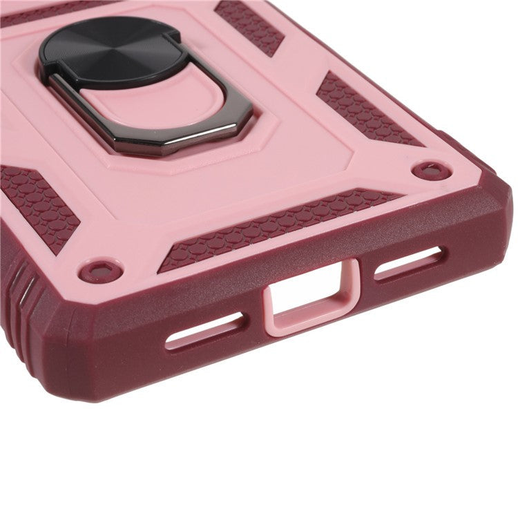 For Google Pixel 6 Pro 5G Ring Kickstand Back Cover Sliding Camera Lens Protector PC+TPU Anti-scratch Phone Case with Inner Card Holder Function - Pink / Dark Red