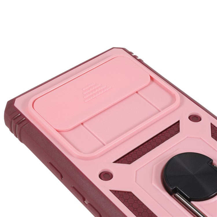 For Google Pixel 6 Pro 5G Ring Kickstand Back Cover Sliding Camera Lens Protector PC+TPU Anti-scratch Phone Case with Inner Card Holder Function - Pink / Dark Red