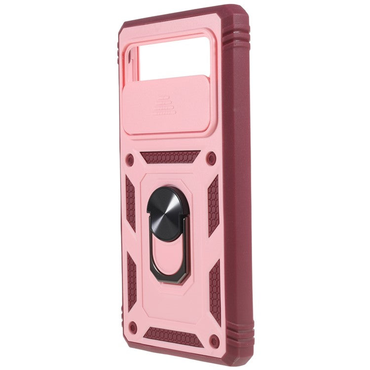 For Google Pixel 6 Pro 5G Ring Kickstand Back Cover Sliding Camera Lens Protector PC+TPU Anti-scratch Phone Case with Inner Card Holder Function - Pink / Dark Red