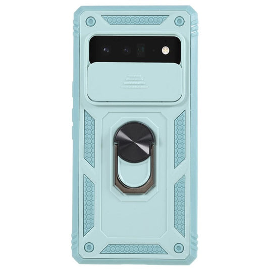 For Google Pixel 6 Pro 5G Ring Kickstand Back Cover Sliding Camera Lens Protector PC+TPU Anti-scratch Phone Case with Inner Card Holder Function - Green