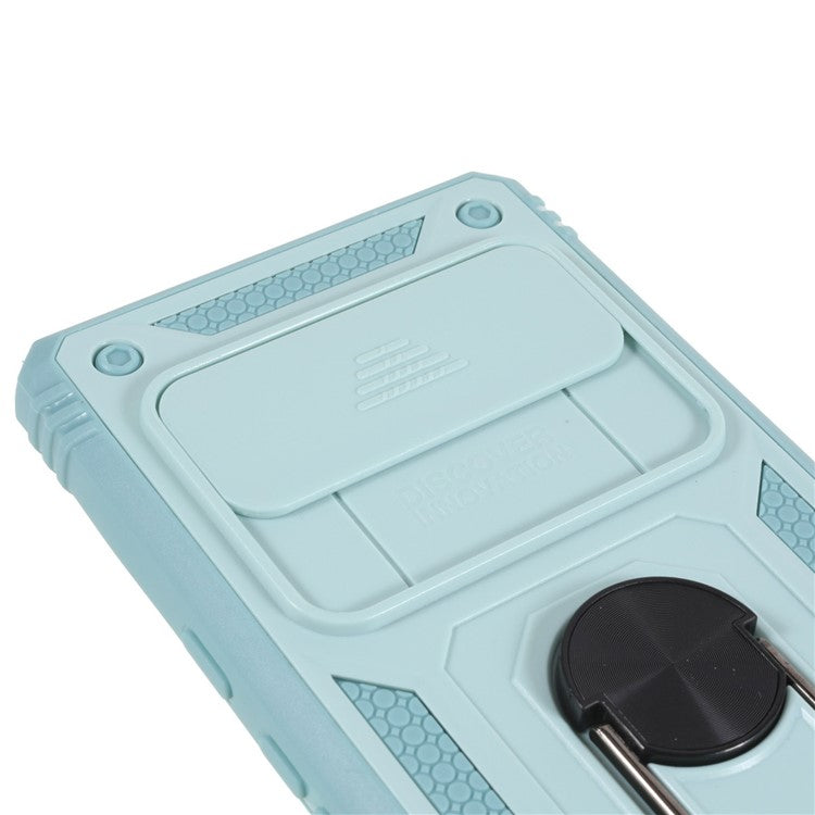 For Google Pixel 6 Pro 5G Ring Kickstand Back Cover Sliding Camera Lens Protector PC+TPU Anti-scratch Phone Case with Inner Card Holder Function - Green