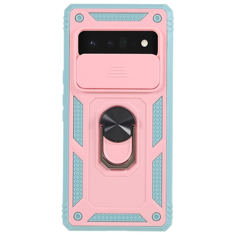 For Google Pixel 6 Pro 5G Ring Kickstand Back Cover Sliding Camera Lens Protector PC+TPU Anti-scratch Phone Case with Inner Card Holder Function - Pink / Green
