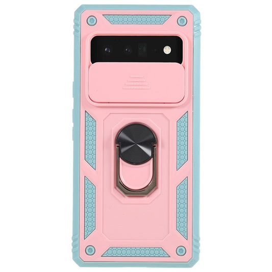 For Google Pixel 6 Pro 5G Ring Kickstand Back Cover Sliding Camera Lens Protector PC+TPU Anti-scratch Phone Case with Inner Card Holder Function - Pink / Green
