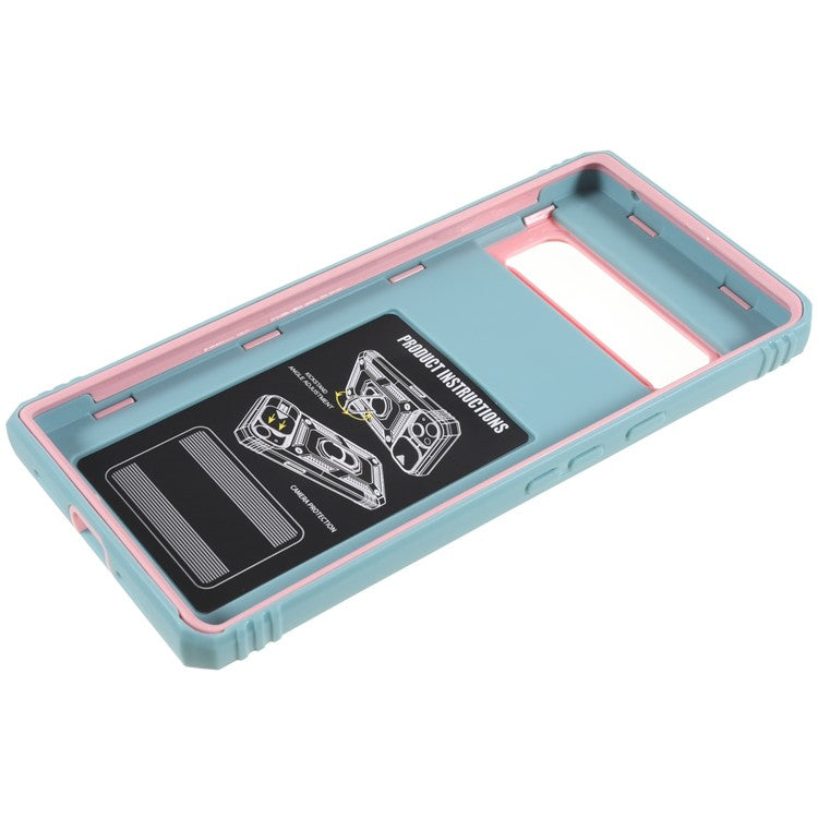 For Google Pixel 6 Pro 5G Ring Kickstand Back Cover Sliding Camera Lens Protector PC+TPU Anti-scratch Phone Case with Inner Card Holder Function - Pink / Green