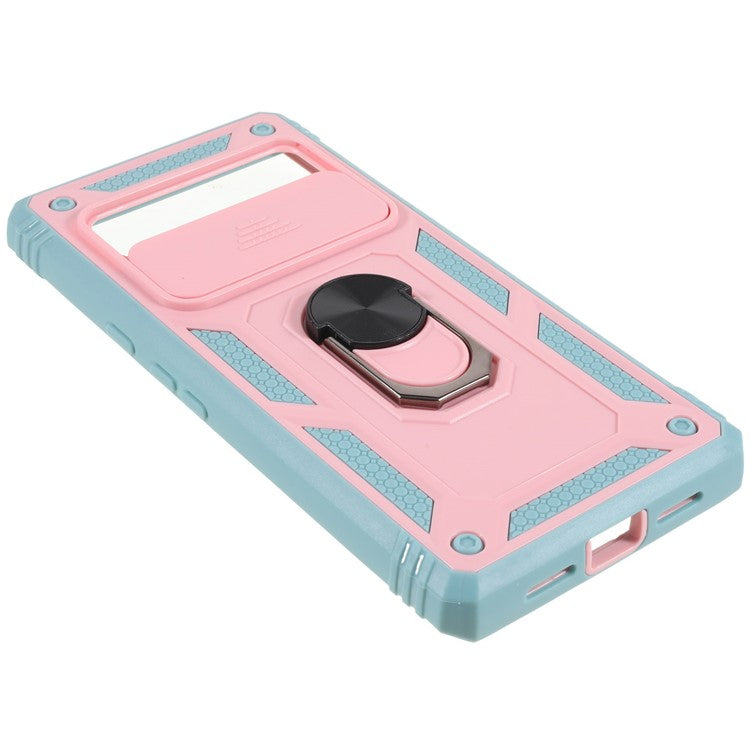 For Google Pixel 6 Pro 5G Ring Kickstand Back Cover Sliding Camera Lens Protector PC+TPU Anti-scratch Phone Case with Inner Card Holder Function - Pink / Green