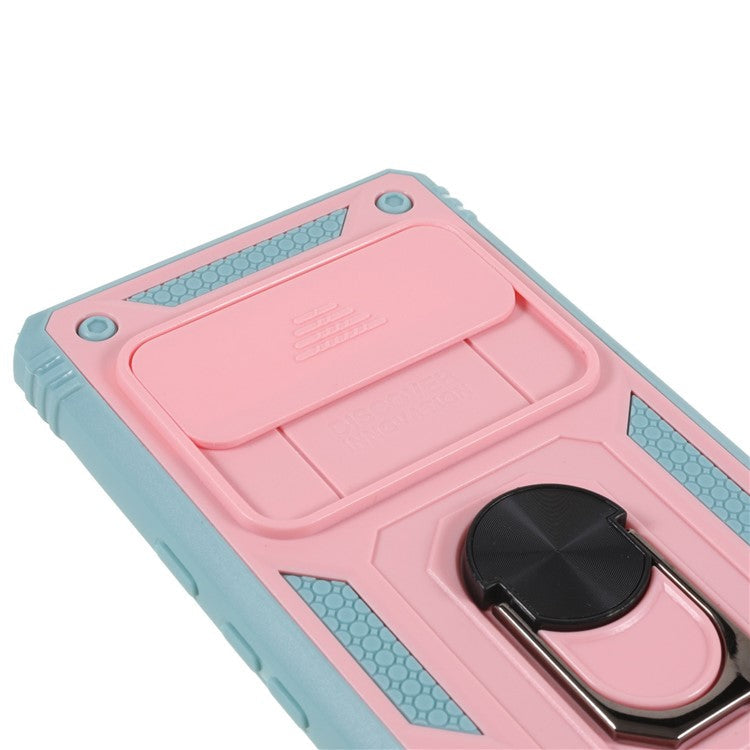For Google Pixel 6 Pro 5G Ring Kickstand Back Cover Sliding Camera Lens Protector PC+TPU Anti-scratch Phone Case with Inner Card Holder Function - Pink / Green