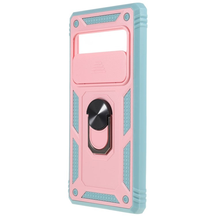 For Google Pixel 6 Pro 5G Ring Kickstand Back Cover Sliding Camera Lens Protector PC+TPU Anti-scratch Phone Case with Inner Card Holder Function - Pink / Green