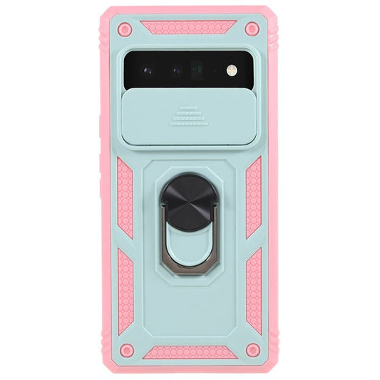 For Google Pixel 6 Pro 5G Ring Kickstand Back Cover Sliding Camera Lens Protector PC+TPU Anti-scratch Phone Case with Inner Card Holder Function - Green / Pink