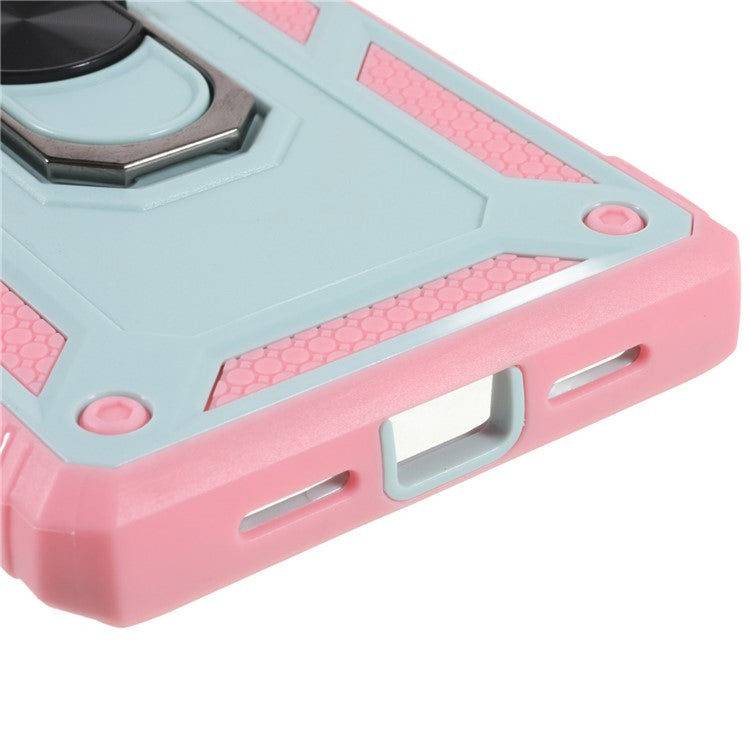 For Google Pixel 6 Pro 5G Ring Kickstand Back Cover Sliding Camera Lens Protector PC+TPU Anti-scratch Phone Case with Inner Card Holder Function - Green / Pink