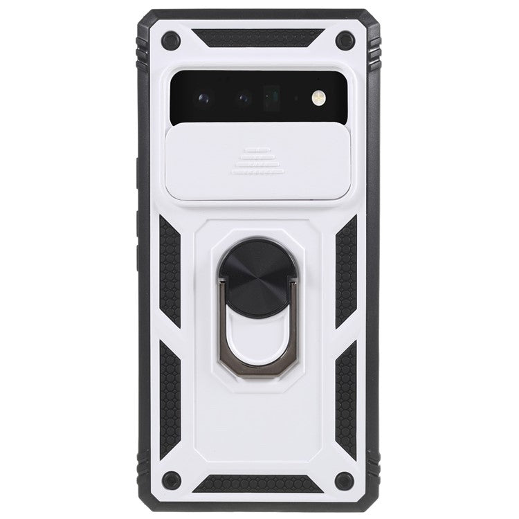 For Google Pixel 6 Pro 5G Ring Kickstand Back Cover Sliding Camera Lens Protector PC+TPU Anti-scratch Phone Case with Inner Card Holder Function - Black / White