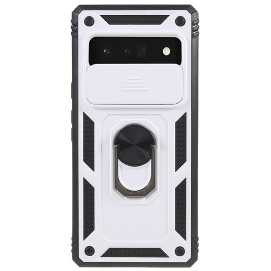 For Google Pixel 6 Pro 5G Ring Kickstand Back Cover Sliding Camera Lens Protector PC+TPU Anti-scratch Phone Case with Inner Card Holder Function - Black / White