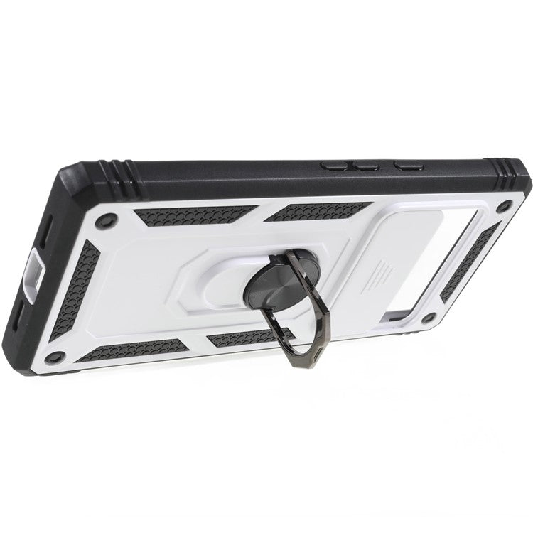 For Google Pixel 6 Pro 5G Ring Kickstand Back Cover Sliding Camera Lens Protector PC+TPU Anti-scratch Phone Case with Inner Card Holder Function - Black / White