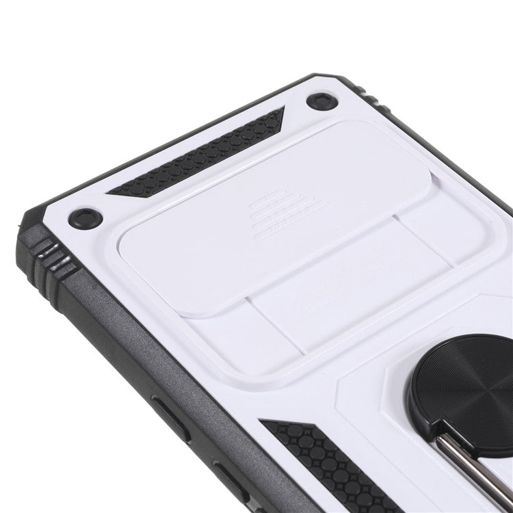 For Google Pixel 6 Pro 5G Ring Kickstand Back Cover Sliding Camera Lens Protector PC+TPU Anti-scratch Phone Case with Inner Card Holder Function - Black / White