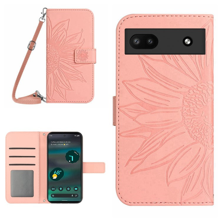 For Google Pixel 6a HT04 PU Leather Sunflower Imprinted Stand Wallet Case Skin-touch Magnetic Clasp Phone Cover with Shoulder Strap - Light Pink