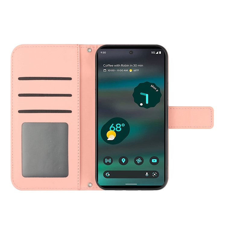 For Google Pixel 6a HT04 PU Leather Sunflower Imprinted Stand Wallet Case Skin-touch Magnetic Clasp Phone Cover with Shoulder Strap - Light Pink