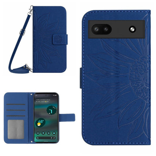 For Google Pixel 6a HT04 PU Leather Sunflower Imprinted Stand Wallet Case Skin-touch Magnetic Clasp Phone Cover with Shoulder Strap - Sapphire