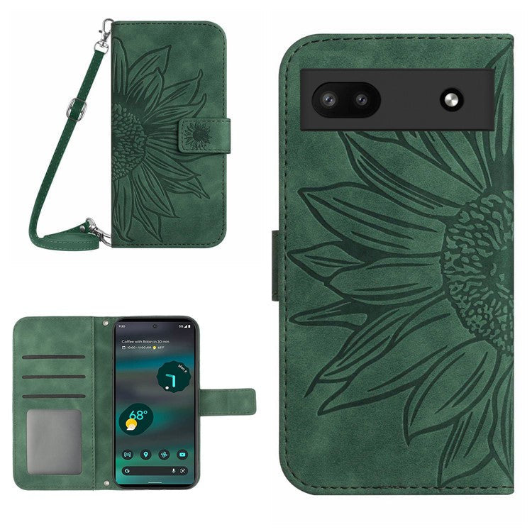 For Google Pixel 6a HT04 PU Leather Sunflower Imprinted Stand Wallet Case Skin-touch Magnetic Clasp Phone Cover with Shoulder Strap - Dark Green
