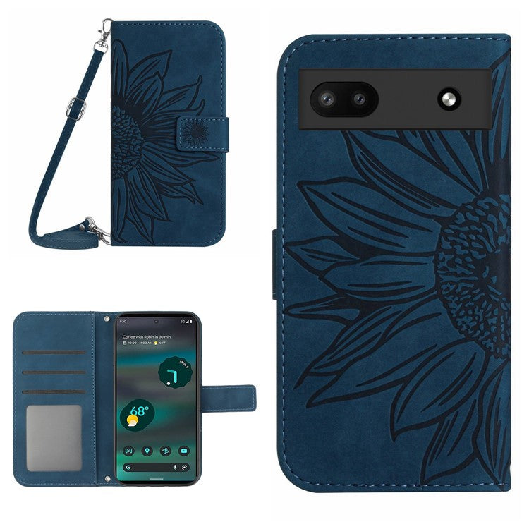 For Google Pixel 6a HT04 PU Leather Sunflower Imprinted Stand Wallet Case Skin-touch Magnetic Clasp Phone Cover with Shoulder Strap - Dark Blue