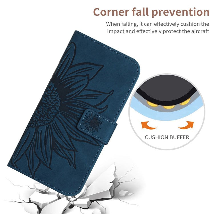 For Google Pixel 6a HT04 PU Leather Sunflower Imprinted Stand Wallet Case Skin-touch Magnetic Clasp Phone Cover with Shoulder Strap - Dark Blue