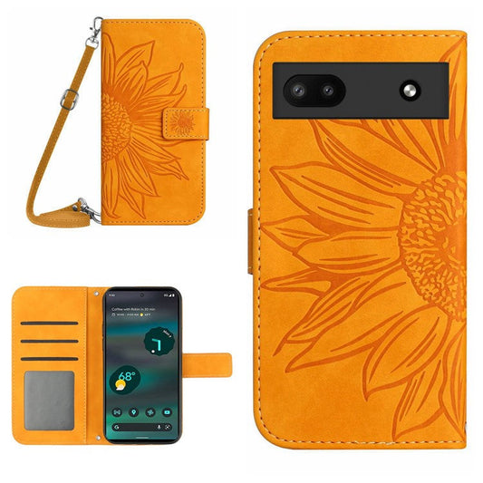 For Google Pixel 6a HT04 PU Leather Sunflower Imprinted Stand Wallet Case Skin-touch Magnetic Clasp Phone Cover with Shoulder Strap - Yellow