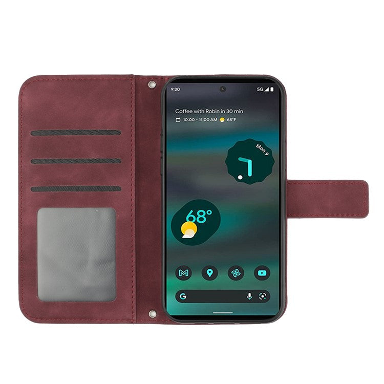 For Google Pixel 6a HT04 PU Leather Sunflower Imprinted Stand Wallet Case Skin-touch Magnetic Clasp Phone Cover with Shoulder Strap - Wine Red