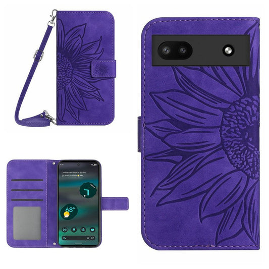 For Google Pixel 6a HT04 PU Leather Sunflower Imprinted Stand Wallet Case Skin-touch Magnetic Clasp Phone Cover with Shoulder Strap - Dark Purple