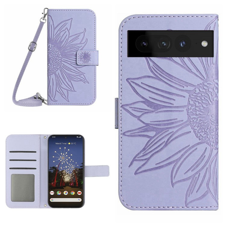 For Google Pixel 7 Pro 5G HT04 Skin-touch Sunflower Imprinted Phone Cover Shockproof Leather Case Stand Wallet with Shoulder Strap - Light Purple