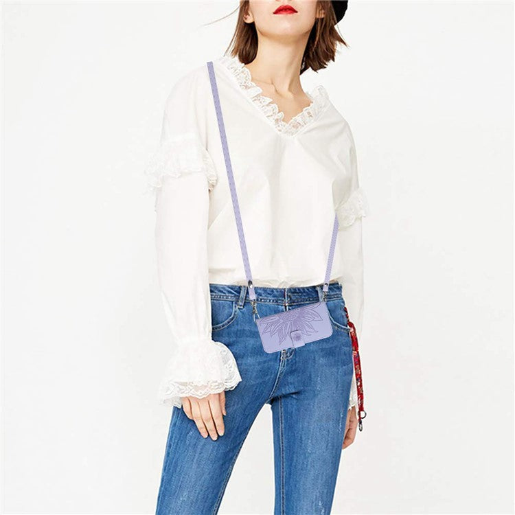 For Google Pixel 7 Pro 5G HT04 Skin-touch Sunflower Imprinted Phone Cover Shockproof Leather Case Stand Wallet with Shoulder Strap - Light Purple