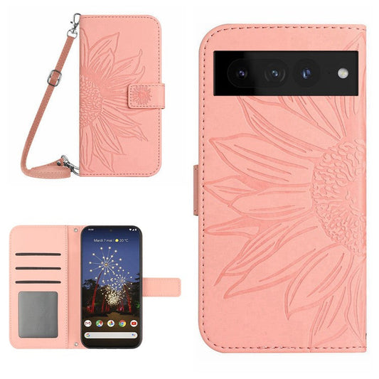 For Google Pixel 7 Pro 5G HT04 Skin-touch Sunflower Imprinted Phone Cover Shockproof Leather Case Stand Wallet with Shoulder Strap - Light Pink