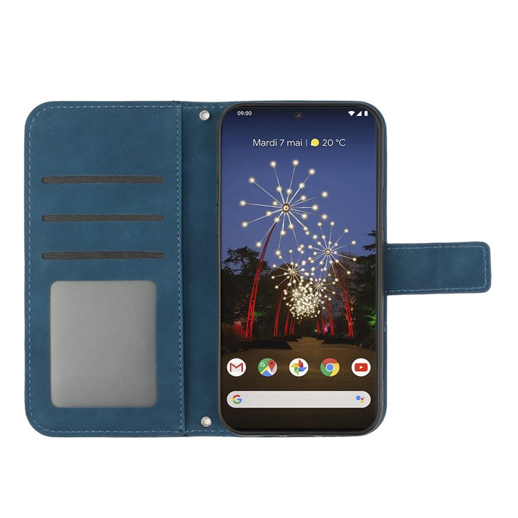 For Google Pixel 7 Pro 5G HT04 Skin-touch Sunflower Imprinted Phone Cover Shockproof Leather Case Stand Wallet with Shoulder Strap - Dark Blue