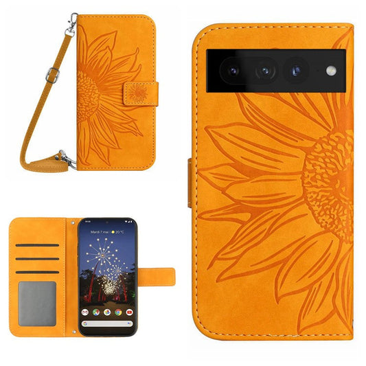 For Google Pixel 7 Pro 5G HT04 Skin-touch Sunflower Imprinted Phone Cover Shockproof Leather Case Stand Wallet with Shoulder Strap - Yellow