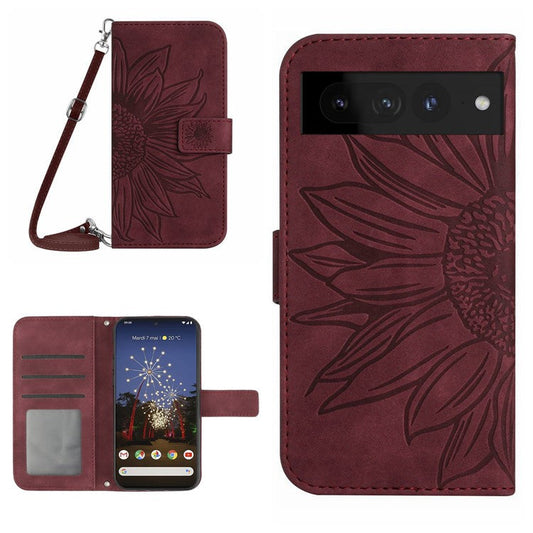 For Google Pixel 7 Pro 5G HT04 Skin-touch Sunflower Imprinted Phone Cover Shockproof Leather Case Stand Wallet with Shoulder Strap - Wine Red