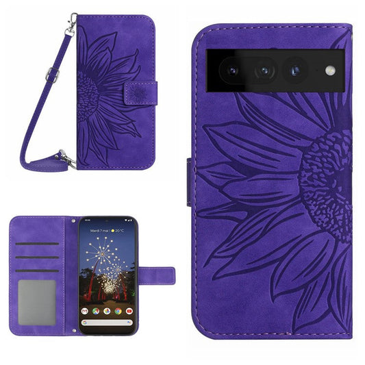 For Google Pixel 7 Pro 5G HT04 Skin-touch Sunflower Imprinted Phone Cover Shockproof Leather Case Stand Wallet with Shoulder Strap - Dark Purple