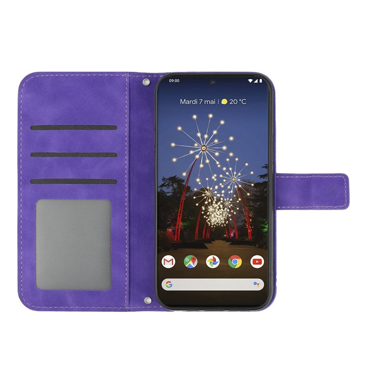 For Google Pixel 7 Pro 5G HT04 Skin-touch Sunflower Imprinted Phone Cover Shockproof Leather Case Stand Wallet with Shoulder Strap - Dark Purple