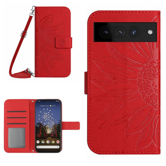 For Google Pixel 7 Pro 5G HT04 Skin-touch Sunflower Imprinted Phone Cover Shockproof Leather Case Stand Wallet with Shoulder Strap - Red