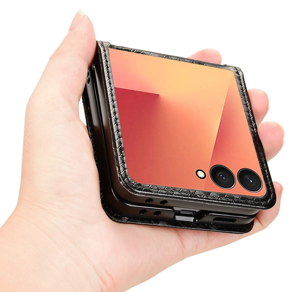For Samsung Galaxy Z Flip7 5G Case with Card Slot Dot Pattern Imprint PC + PU Leather Phone Cover - Black