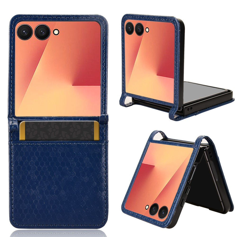 For Samsung Galaxy Z Flip7 5G Case with Card Slot Dot Pattern Imprint PC + PU Leather Phone Cover - Dark Blue