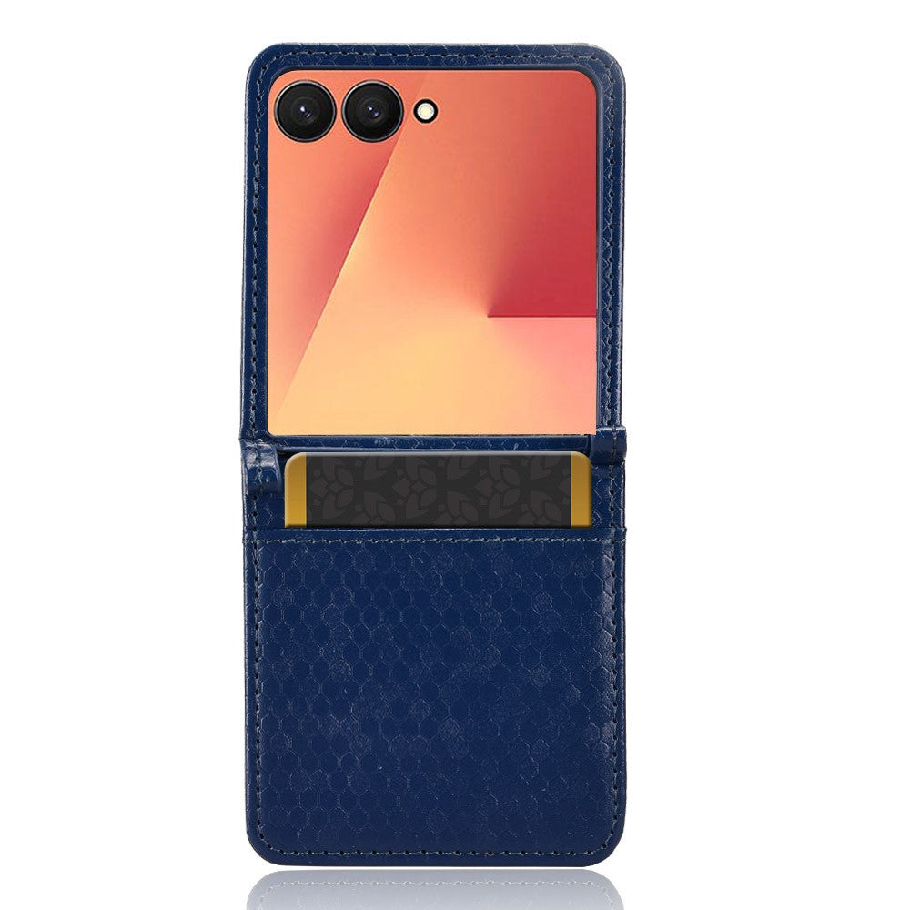 For Samsung Galaxy Z Flip7 5G Case with Card Slot Dot Pattern Imprint PC + PU Leather Phone Cover - Dark Blue