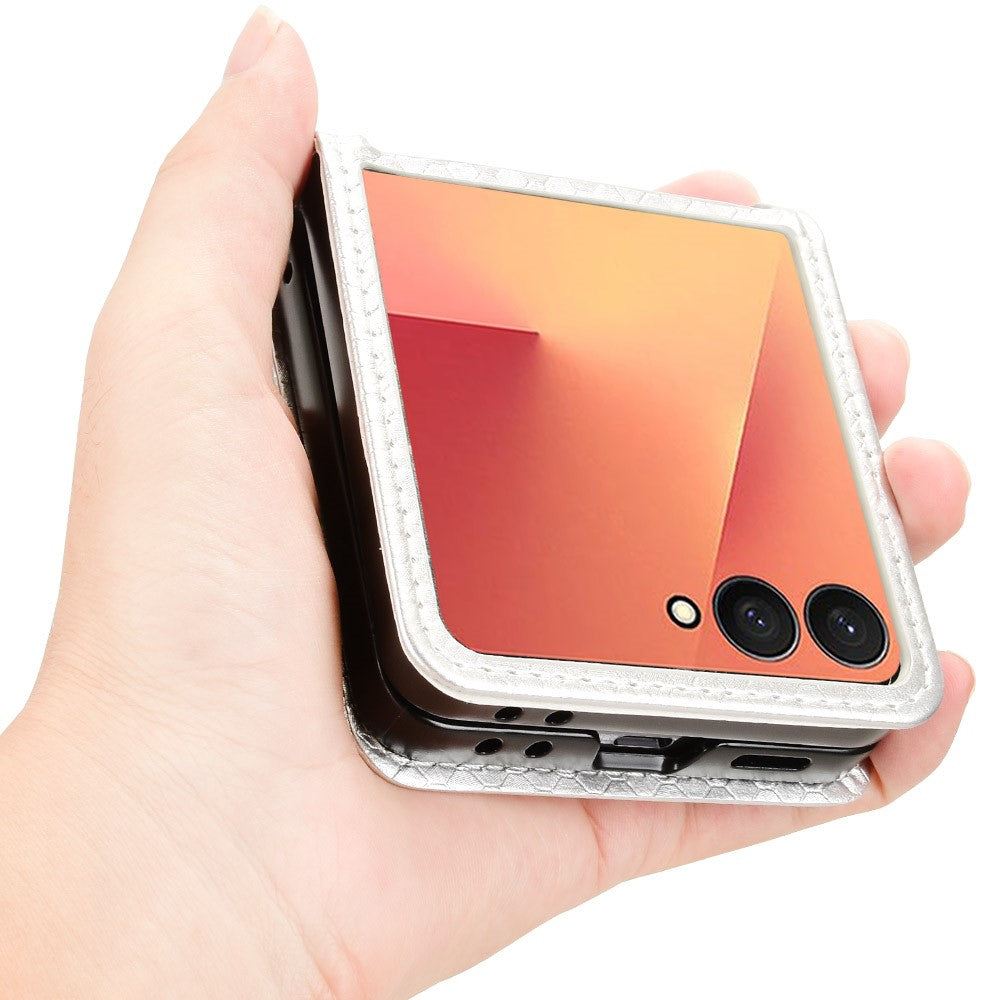 For Samsung Galaxy Z Flip7 5G Case with Card Slot Dot Pattern Imprint PC + PU Leather Phone Cover - Silver