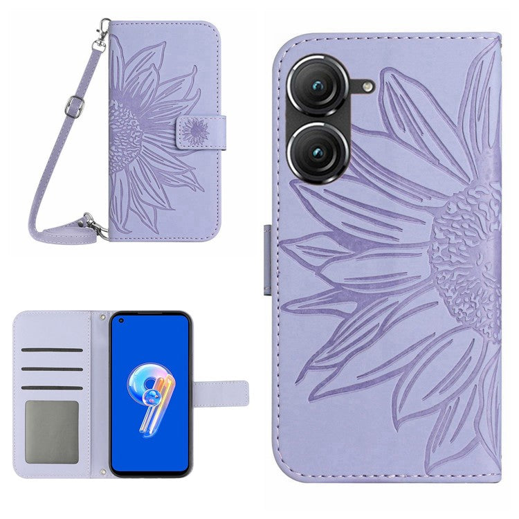 For Asus Zenfone 9 5G HT04 Sunflower Imprinted Phone Case Skin-touch Anti-scratch PU Leather Wallet Stand Cover with Shoulder Strap - Light Purple